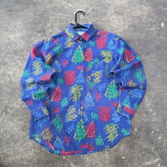 Vintage Miss B Shirt Womens L Blue Button Up Geometric 80s Retro - Picture 1 of 8